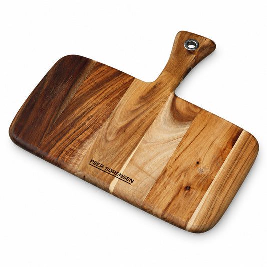 Rectangular wooden serving board with thumb-hole handle and Peer Sorensen logo.