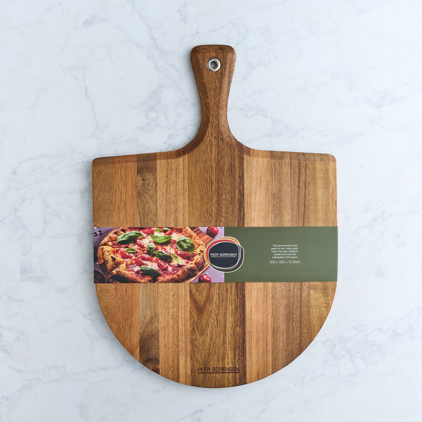 Acacia wood pizza paddle board with hanging hole and printed label graphic