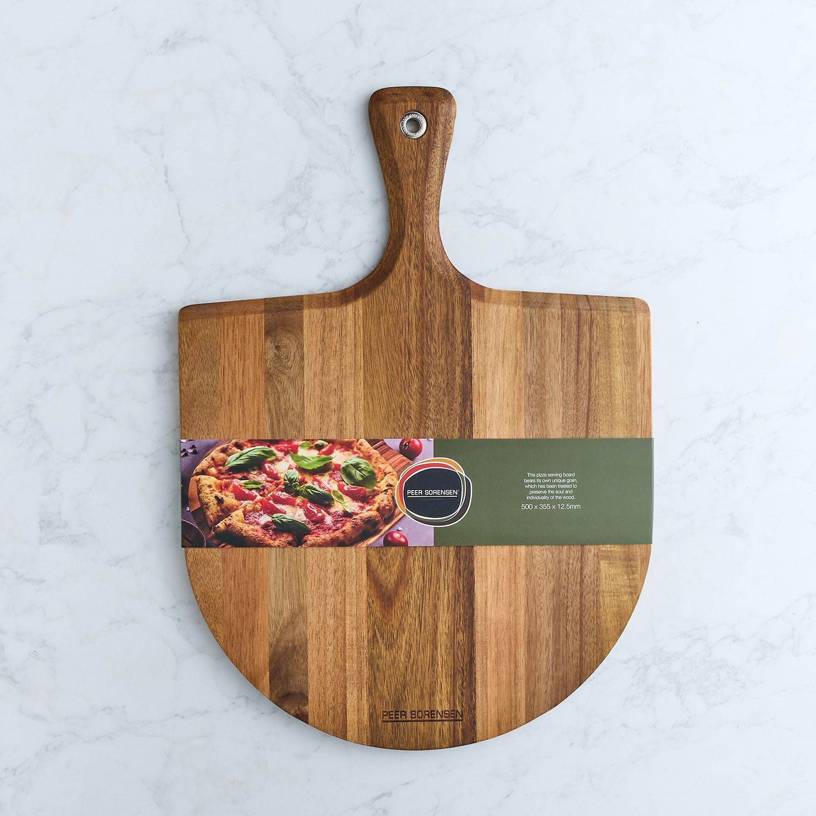 Acacia wood pizza paddle board with hanging hole and printed label graphic