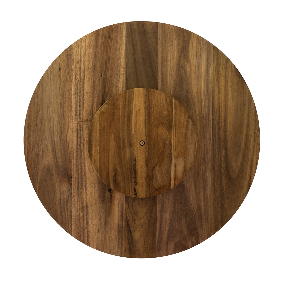 Round wooden turntable serving board with circular center hub and pivot