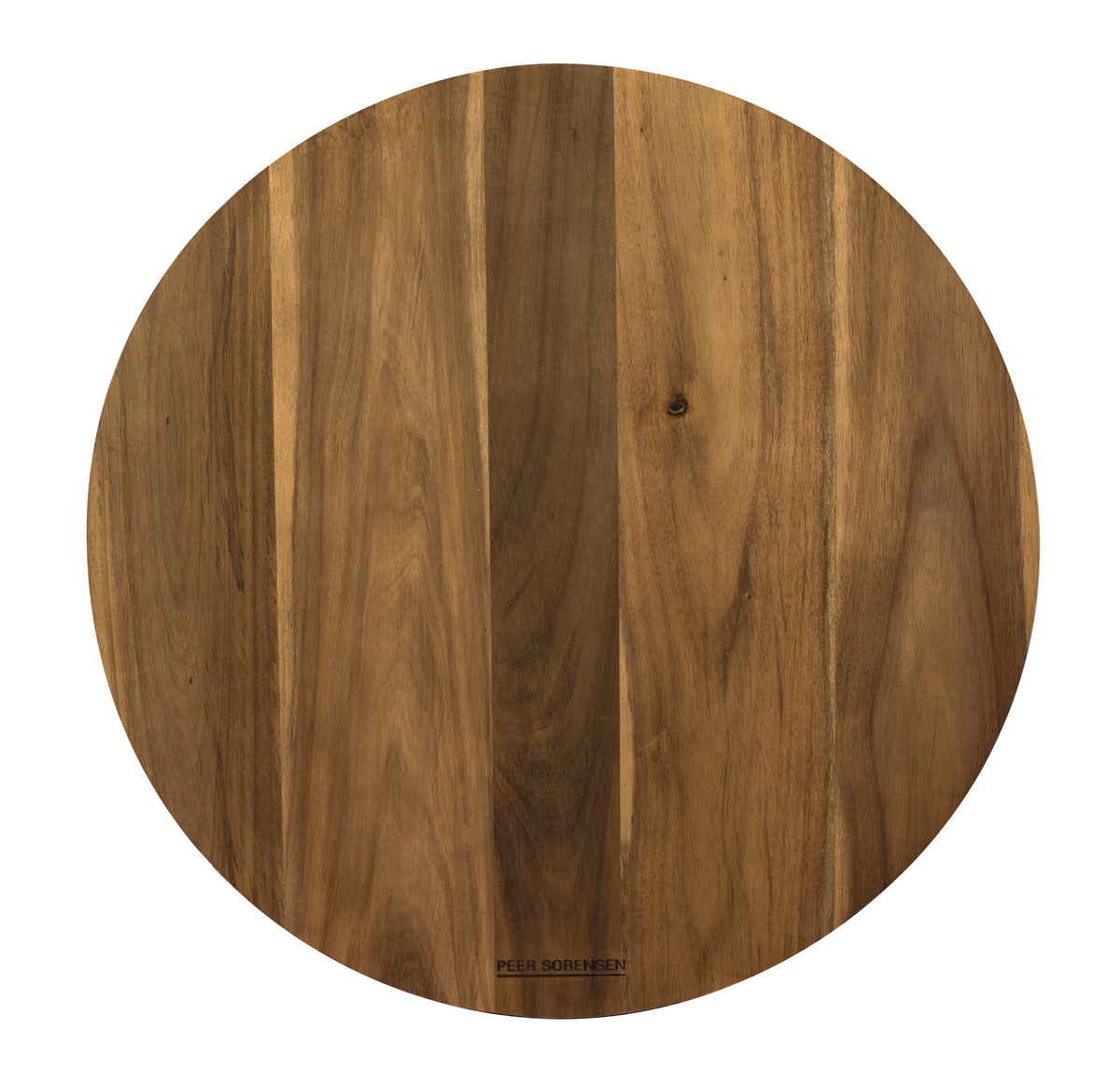 Round wooden serving board with visible logo on the center turntable surface