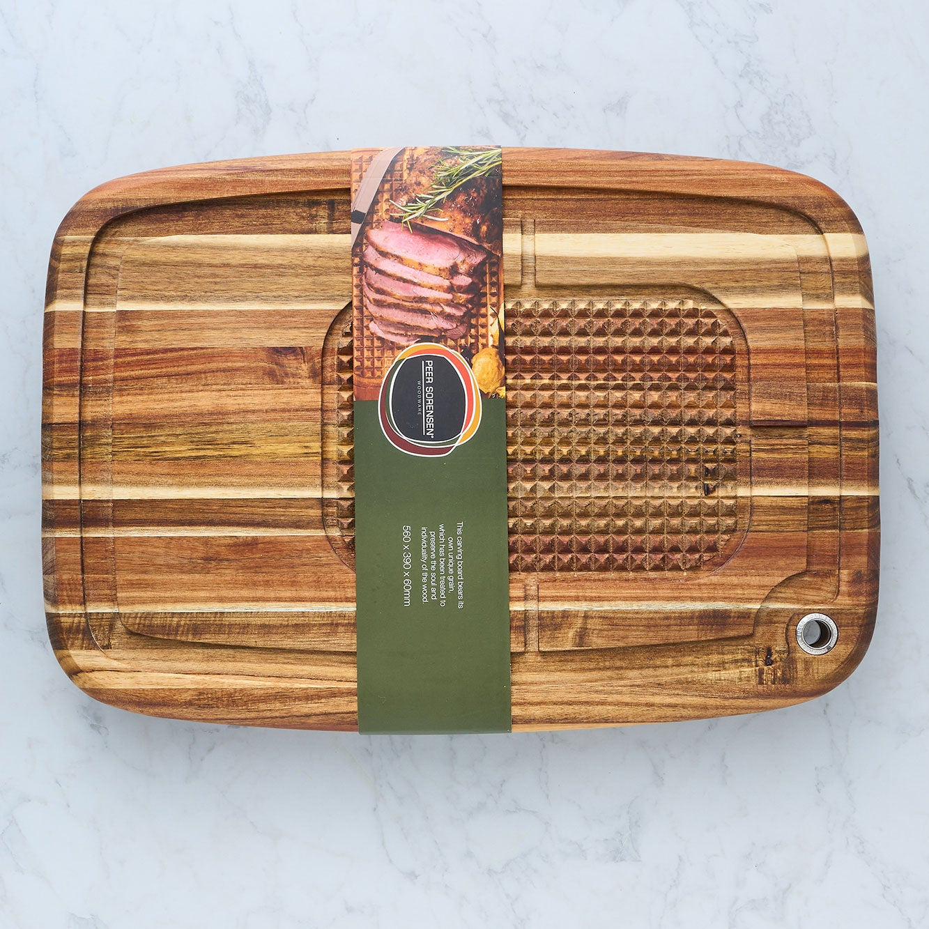 Acacia wood carving board with textured grating pad and metal hanging hole