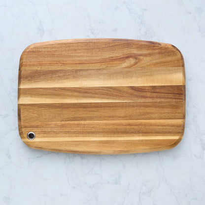 Wood cutting board with finger loop handle and smooth flat surface