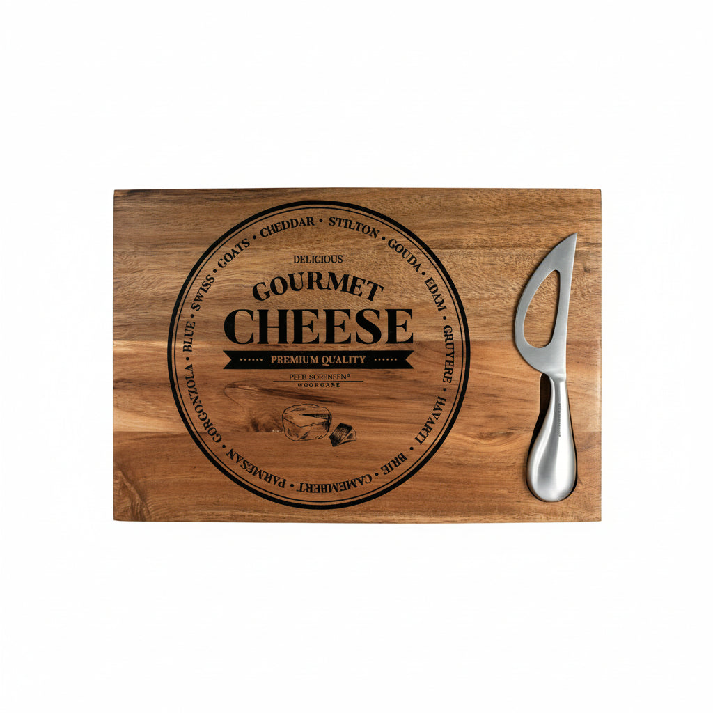 Rectangular wooden cheese board with Gourmet Cheese label and attached cheese knife