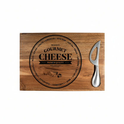 Rectangular wooden cheese board with Gourmet Cheese label and attached cheese knife