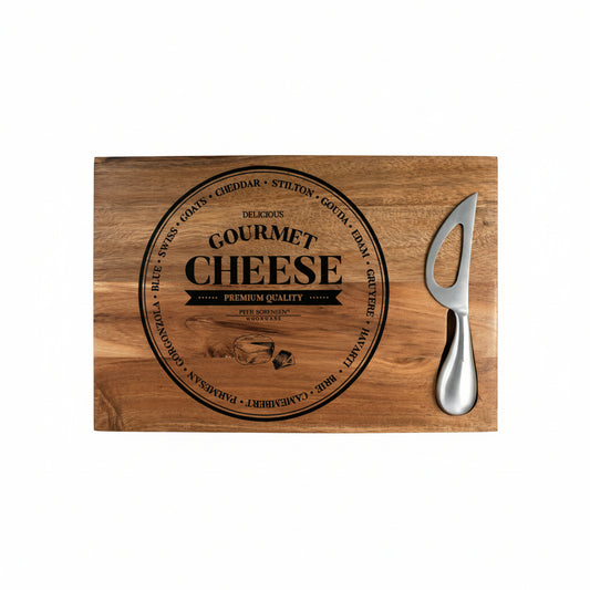Rectangular wooden cheese board with Gourmet Cheese label and attached cheese knife