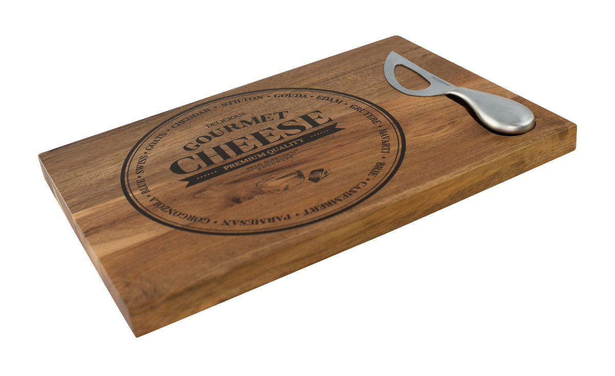 Rectangular wooden cheese board with printed Gourmet Cheese logo and silver cheese knife