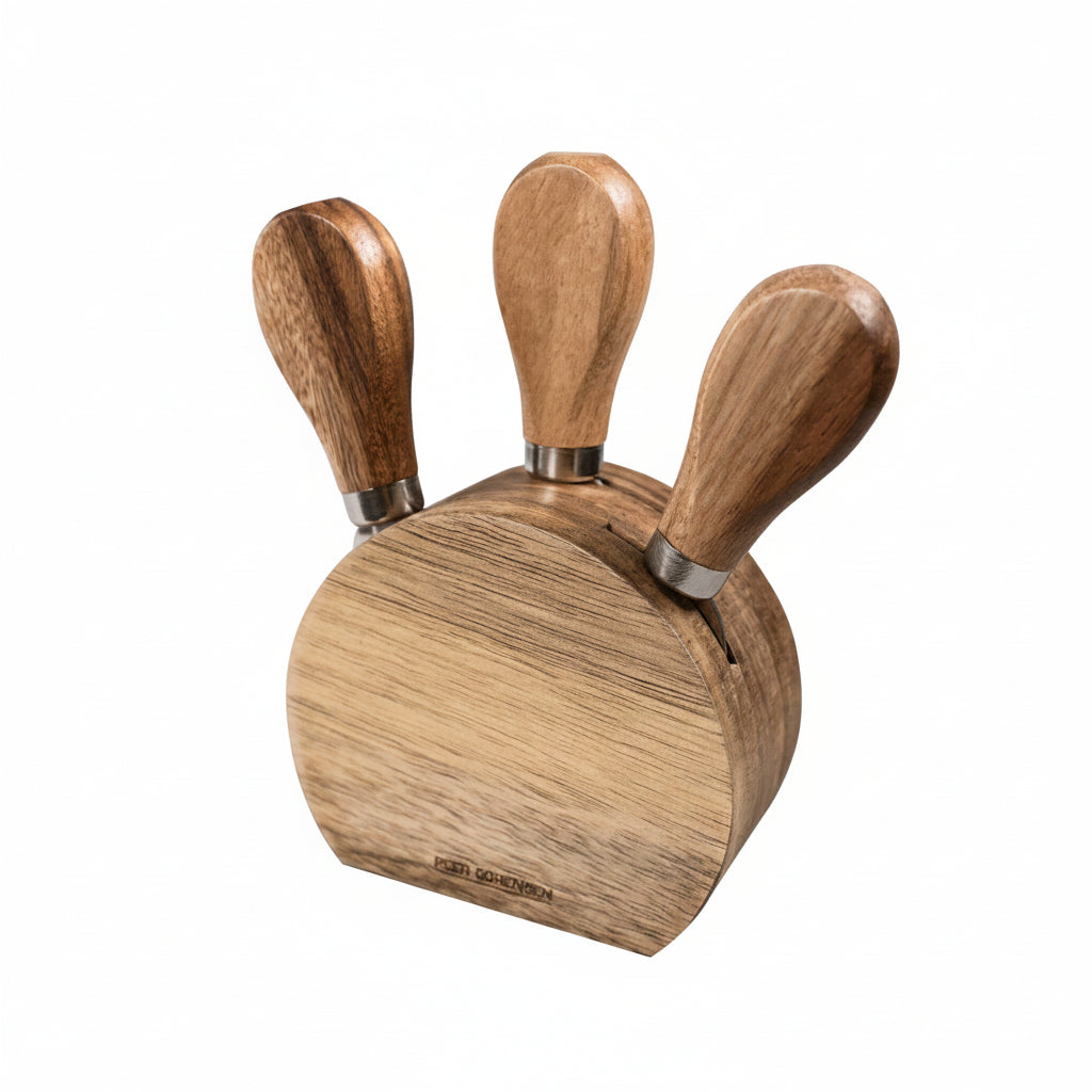 Wooden knife set with a block on a white background
