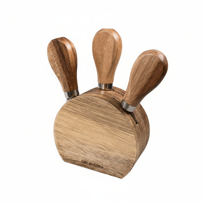 Wooden knife set with a block on a white background