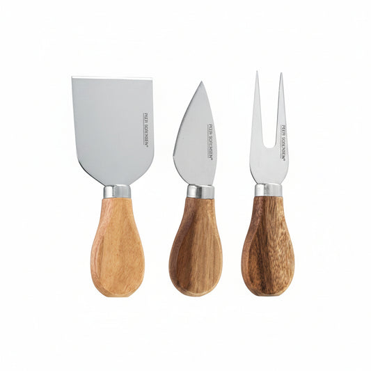 Three cheese tools with wooden handles and metal heads on a white background