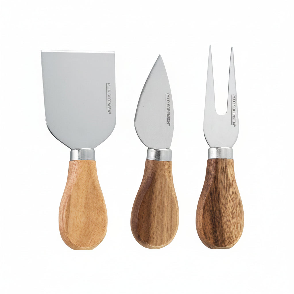 Three cheese tools with wooden handles and metal heads on a white background