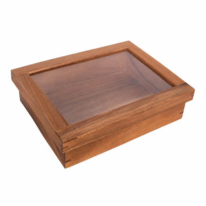 Wooden open-top grazing box with clear acrylic insert and raised sides