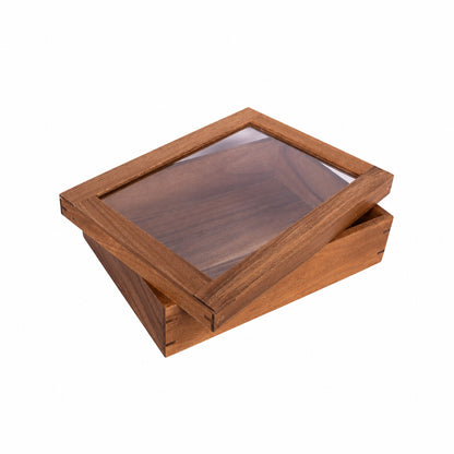 Wooden grazing box with open lid and clear acrylic window, rectangular shape