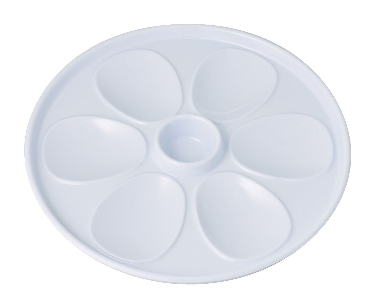 Round oyster serving tray with 6 oval wells and a central sauce cup