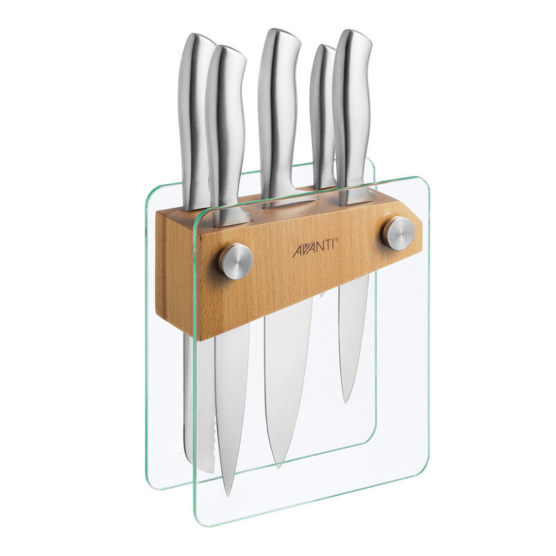6-piece cutlery block set with wooden base and stainless steel knives and fork