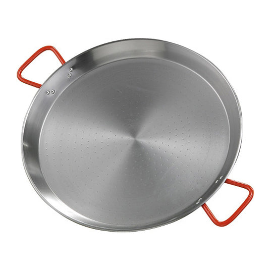 Paella pan with orange handles, round smooth metal skillet, silver-gray base