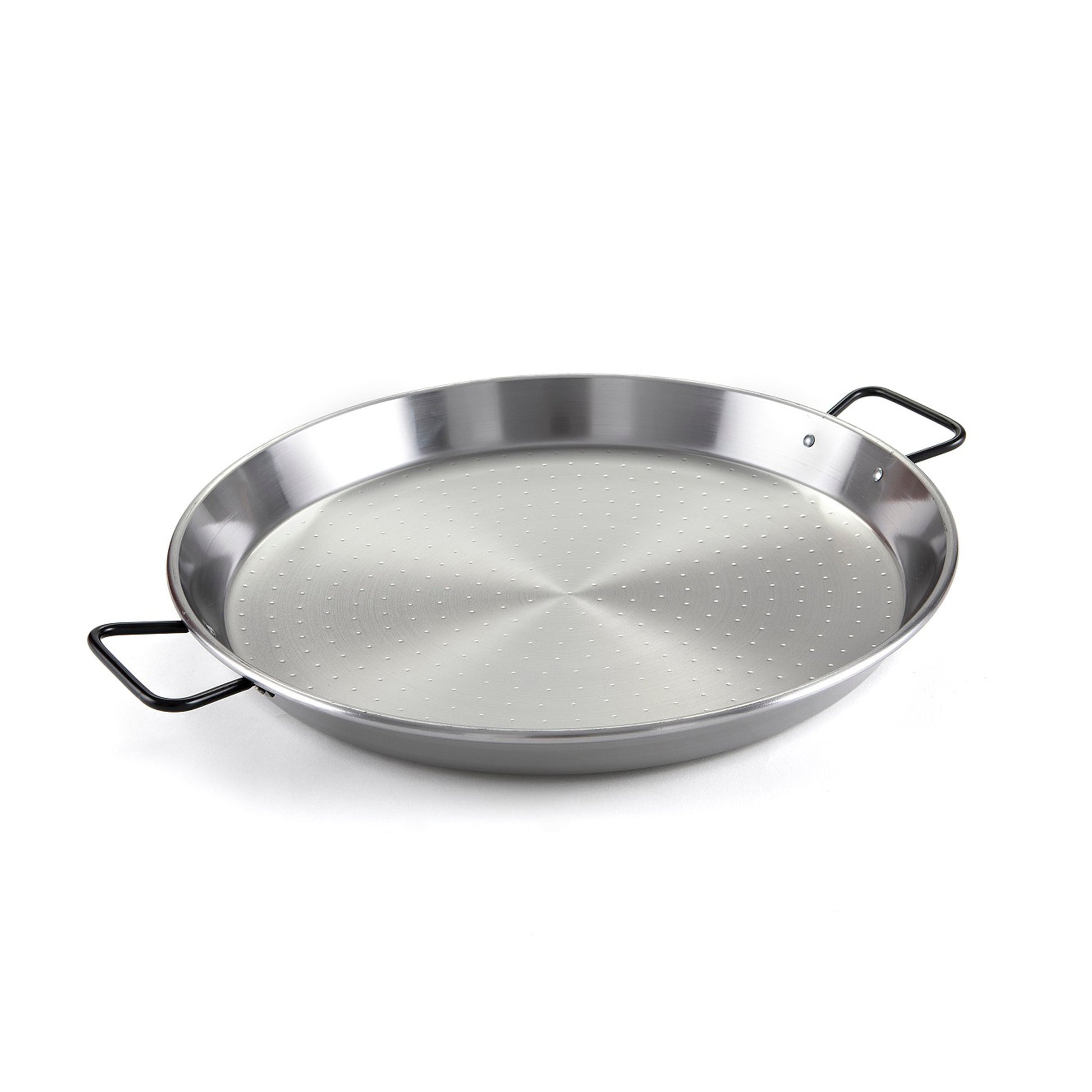 Induction paella pan with two loop handles and flat perforated base