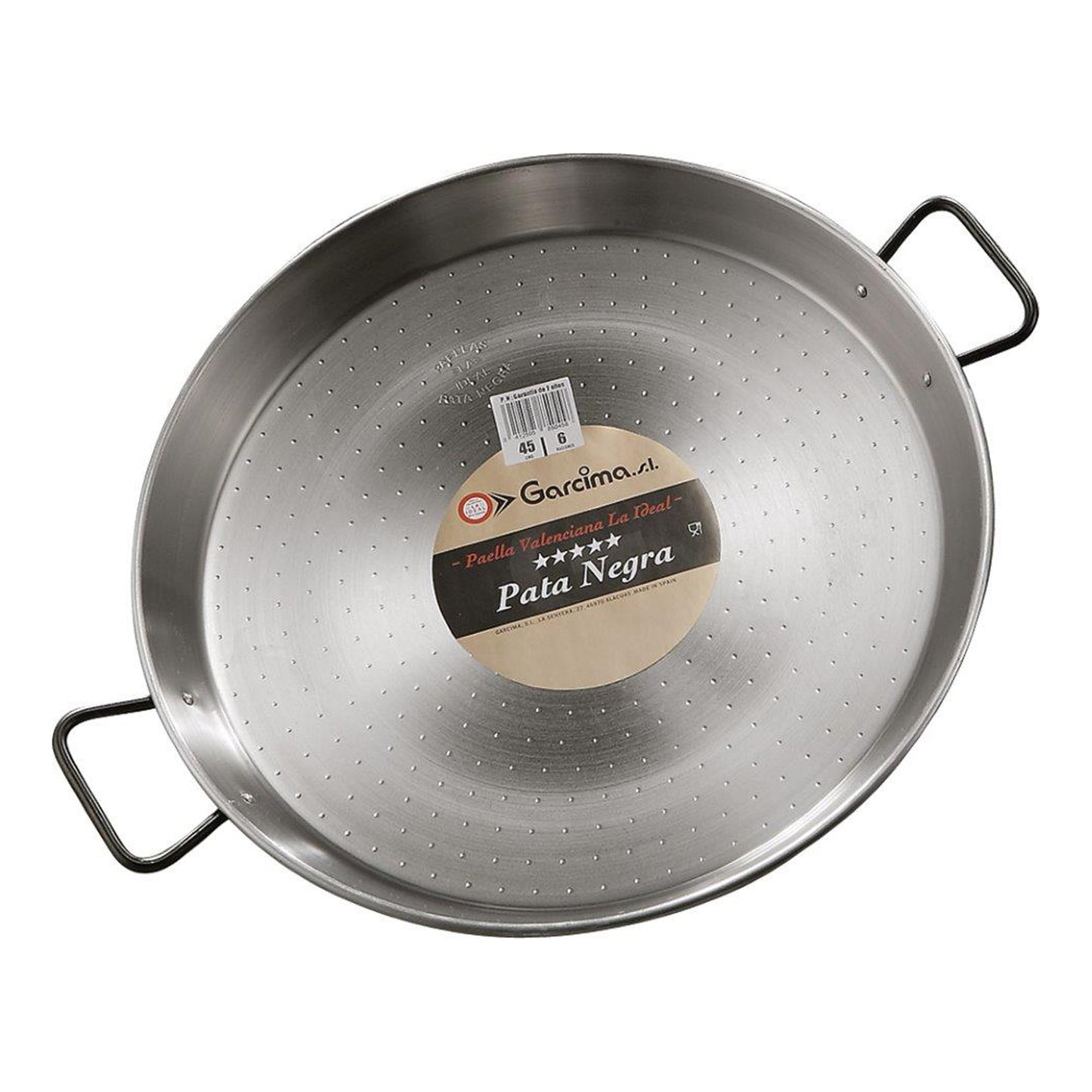 Perforated stainless paella pan with two side handles, underside view with label