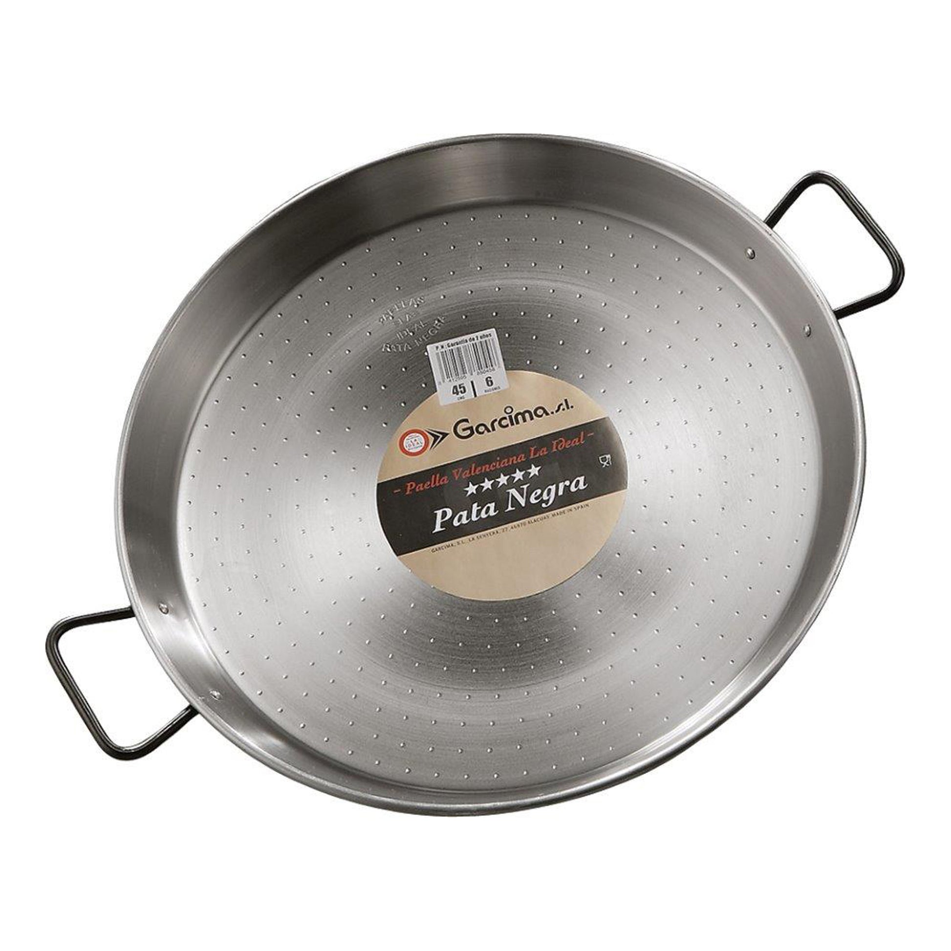 Perforated stainless paella pan with two side handles, underside view with label