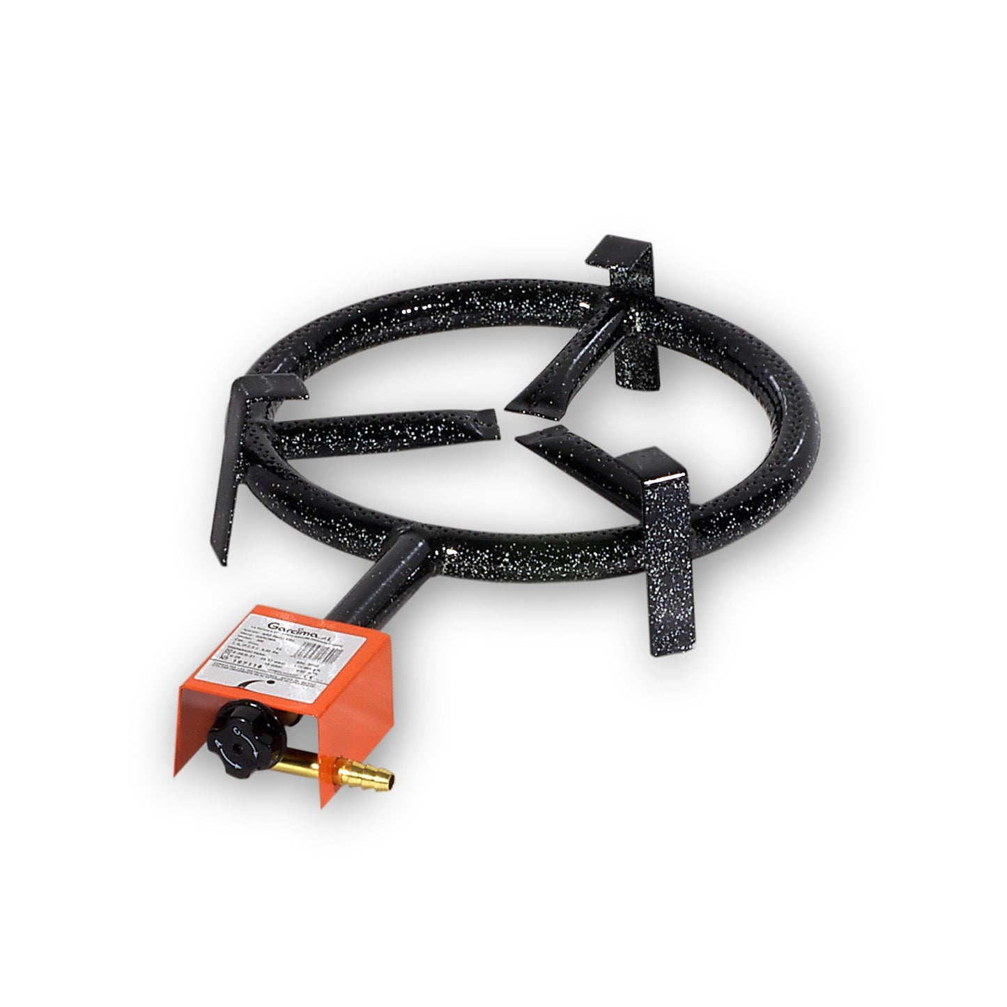 Gas burner hose with black braided line and orange regulator valve with mounting brackets