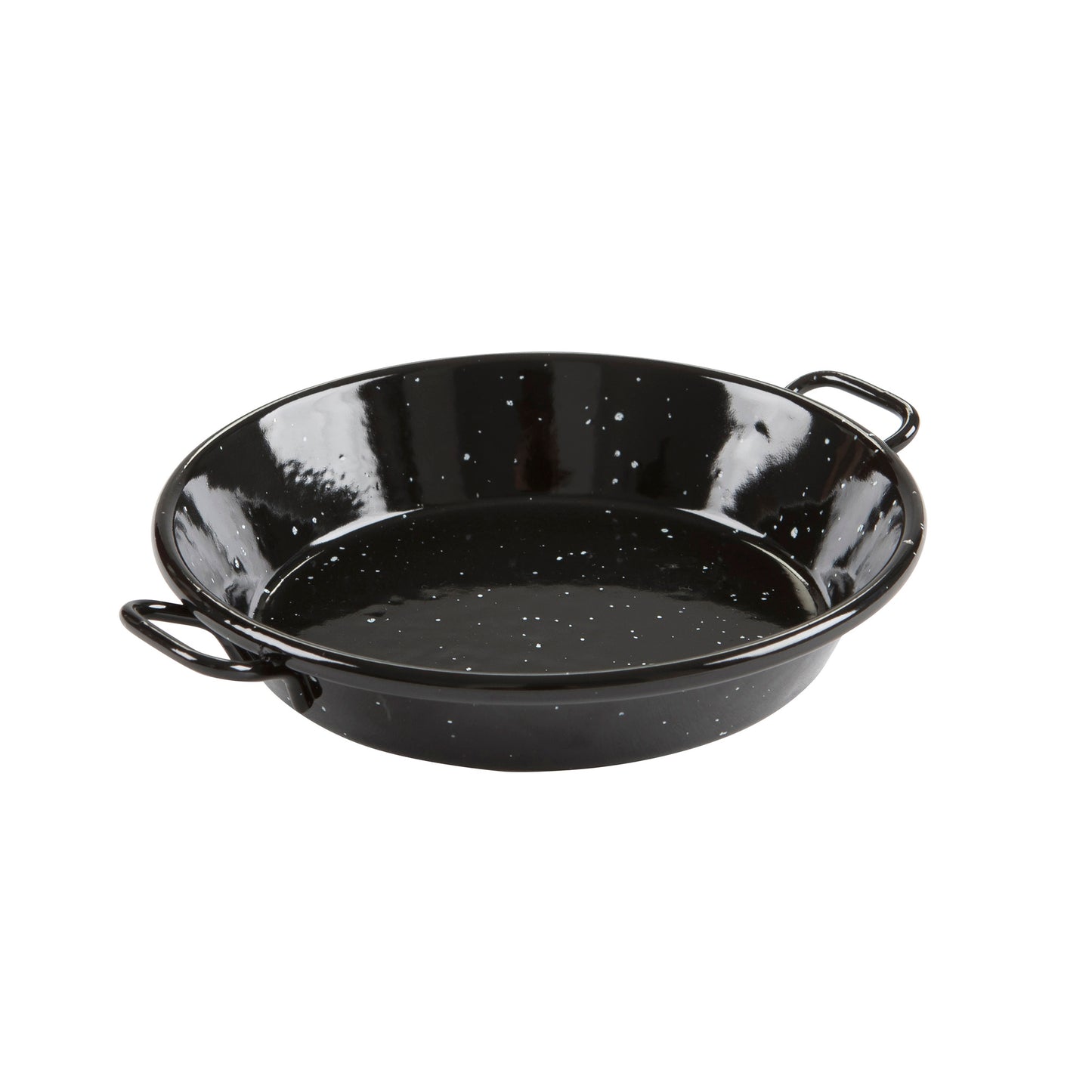 Enamel paella pan with two loop handles, glossy black speckled interior