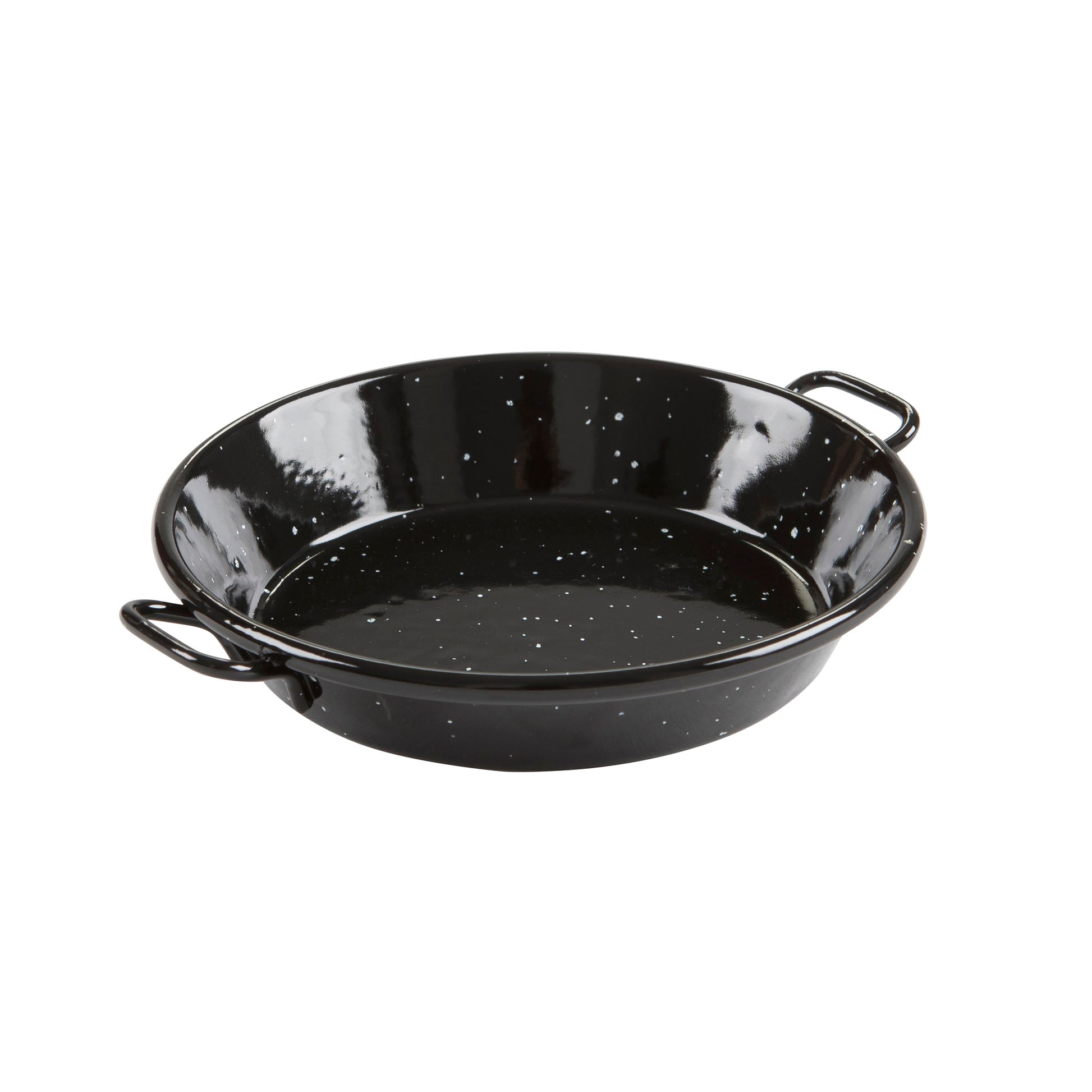 Enamel paella pan with two loop handles, glossy black speckled interior