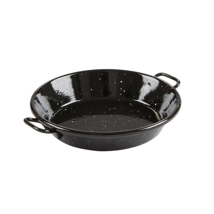 Enamel paella pan with two loop handles, glossy black speckled interior