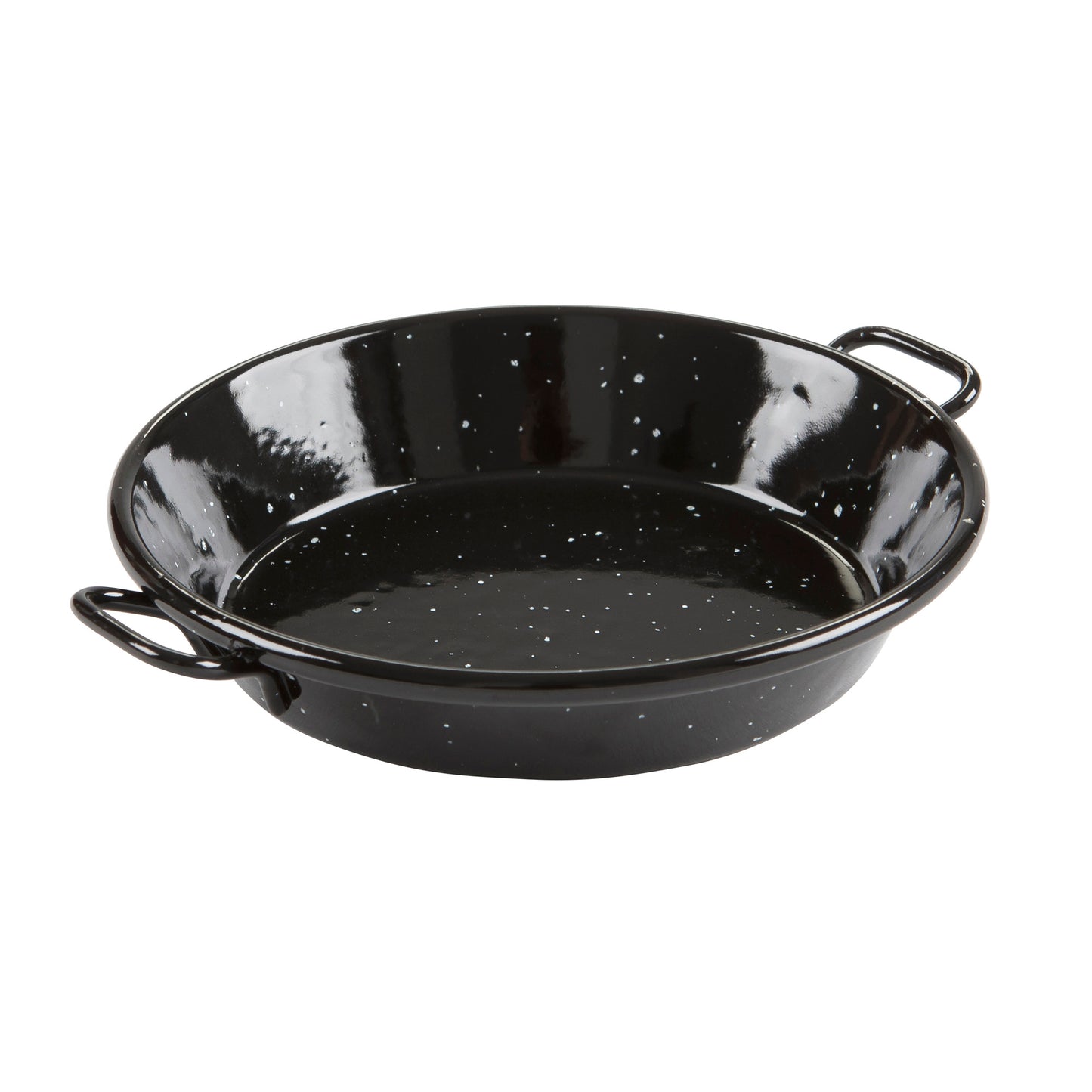 Enamel paella pan with two loop handles, glossy black speckled bowl shape