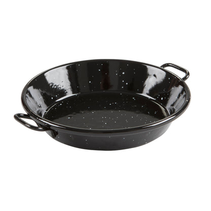 Enamel paella pan with two loop handles, glossy black speckled bowl shape