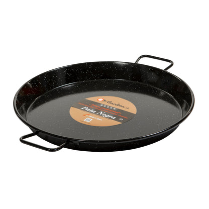 Enamel paella pan with two loop handles, glossy black speckled cooking surface with label