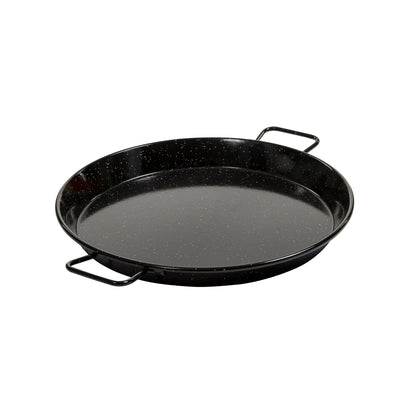Enamel paella pan with two loop handles, glossy black speckled wide shallow bowl