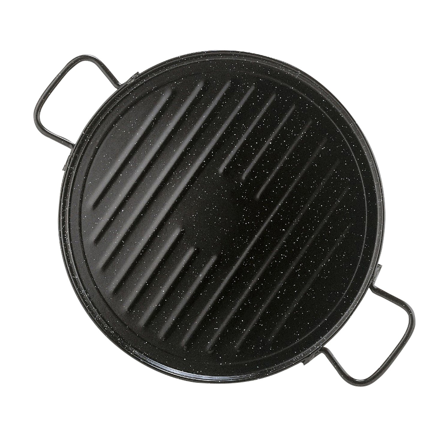 Enamelled griddle plate with ridged surface and two side loop handles, dark finish