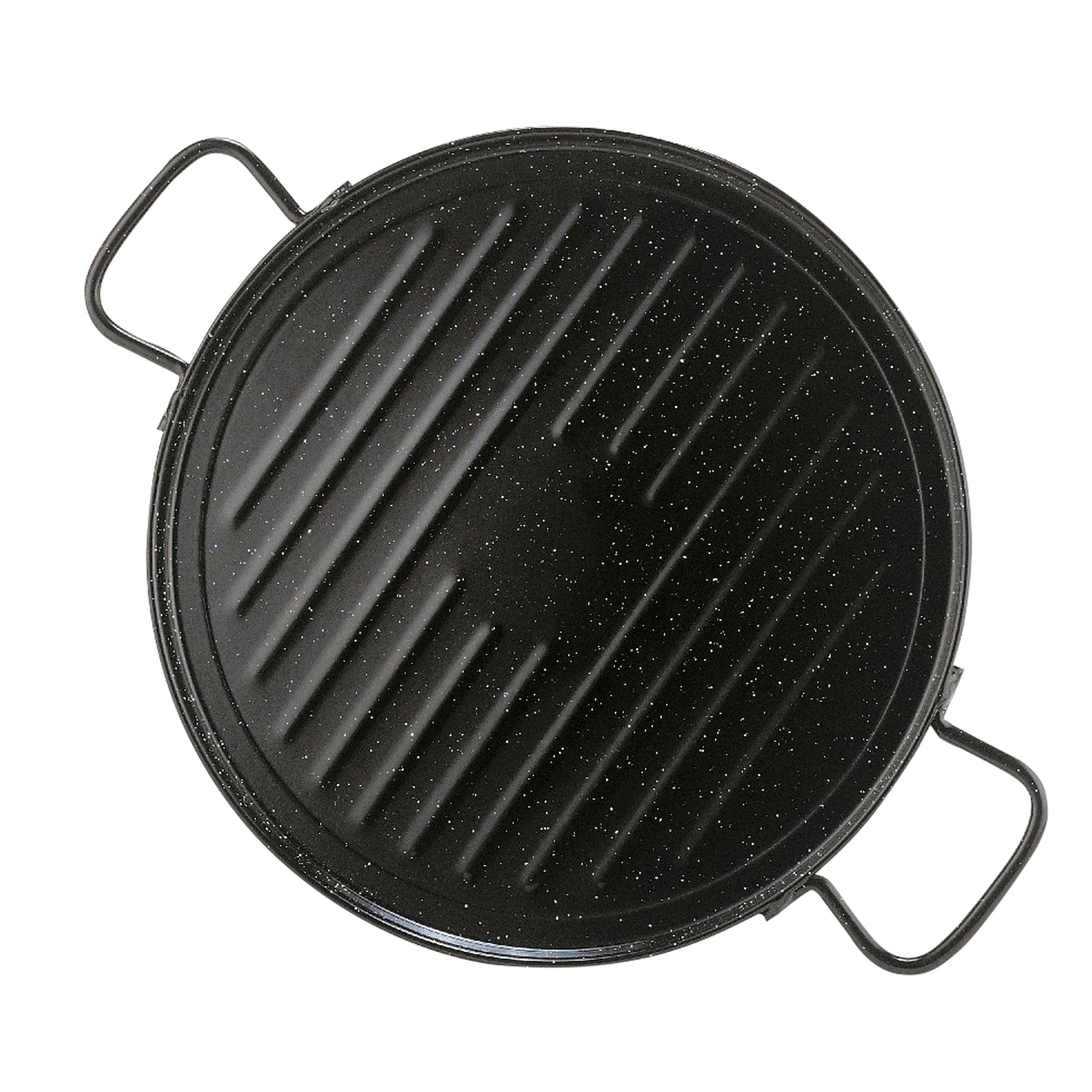 Enamelled griddle plate with ridged surface and two side loop handles, dark finish