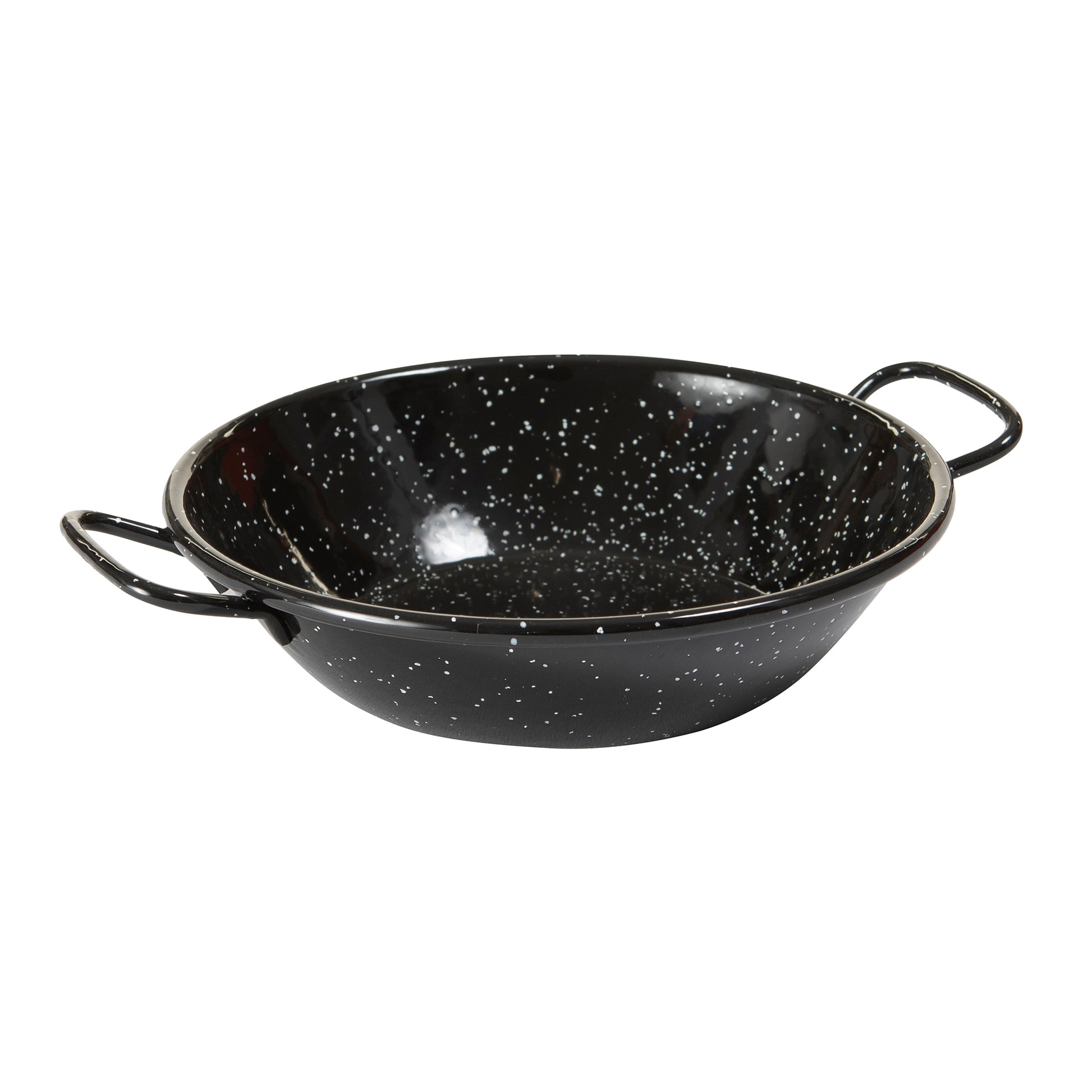 Deep enamelled pan, black speckled bowl with side loop handles and wide rim