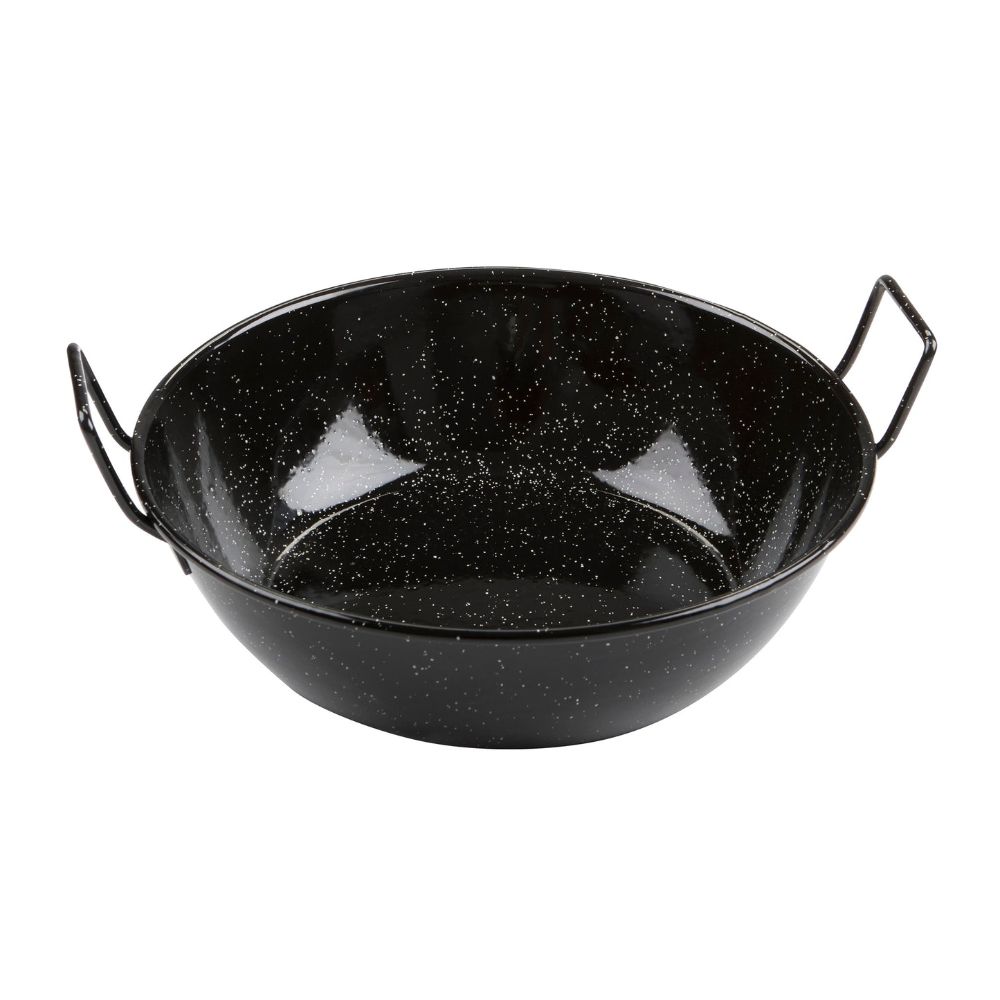 Deep enamelled pan, black speckled interior with two loop handles