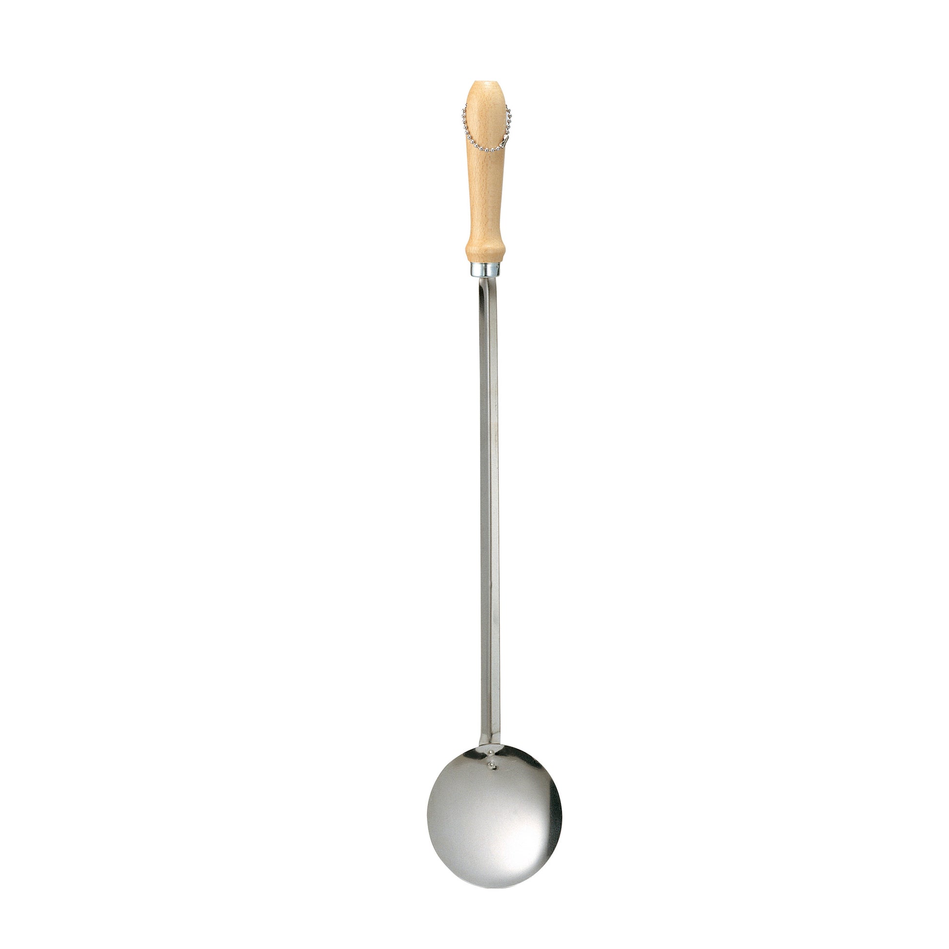Paella skimmer with round stainless head and long gold-toned handle