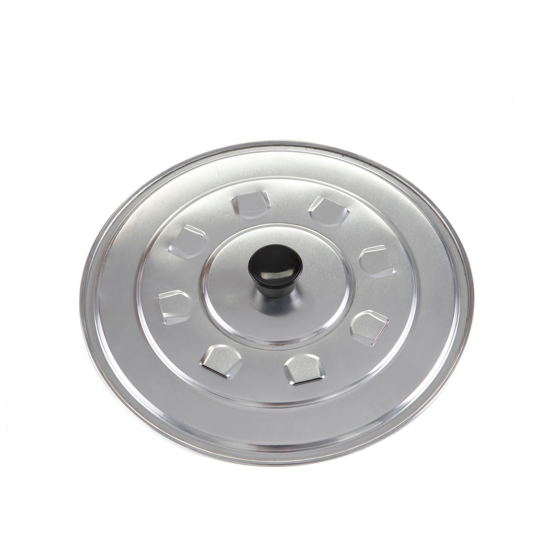 Paella pan lid with black center knob and stainless rim