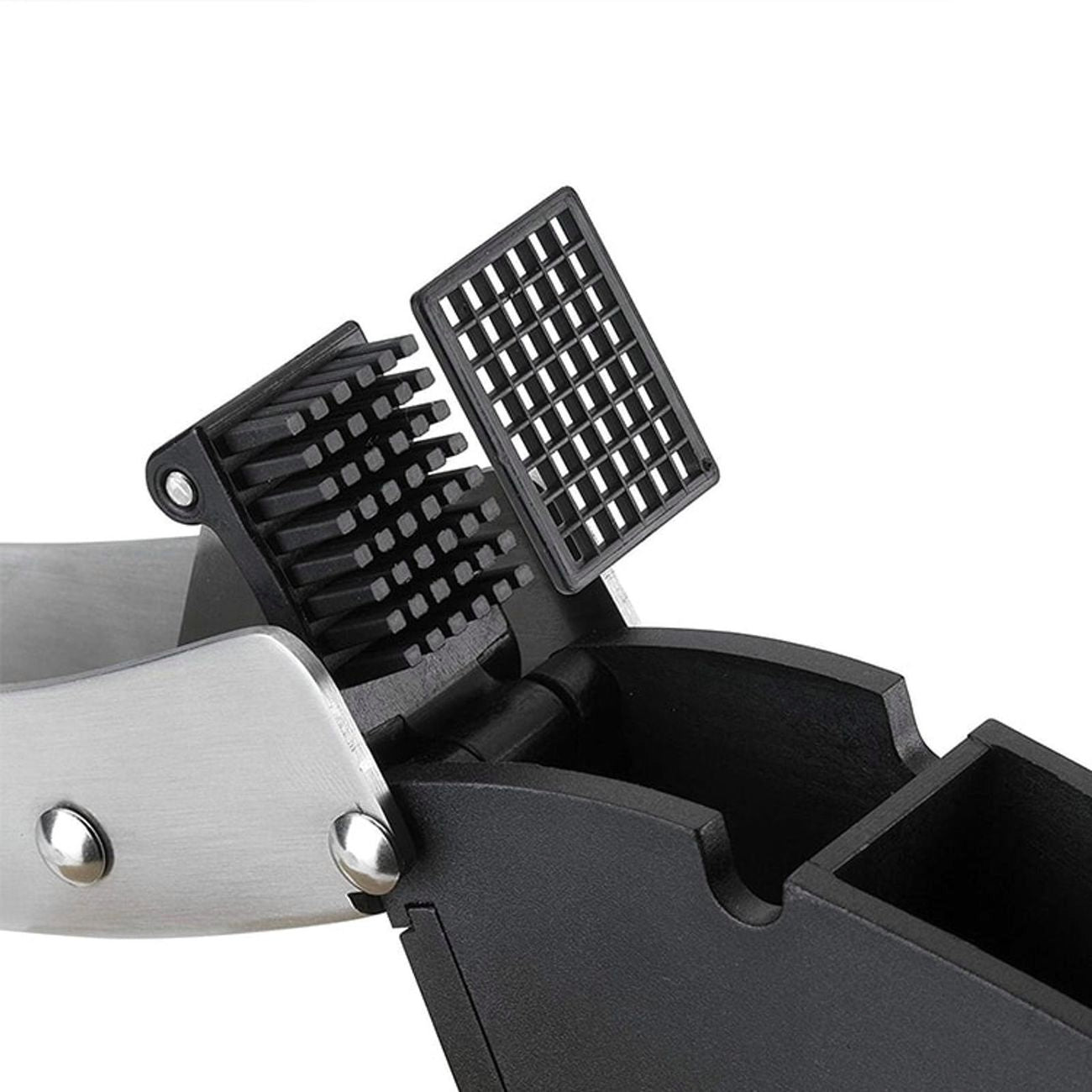 Stainless steel garlic cutter with dual black pressing plates and blade teeth