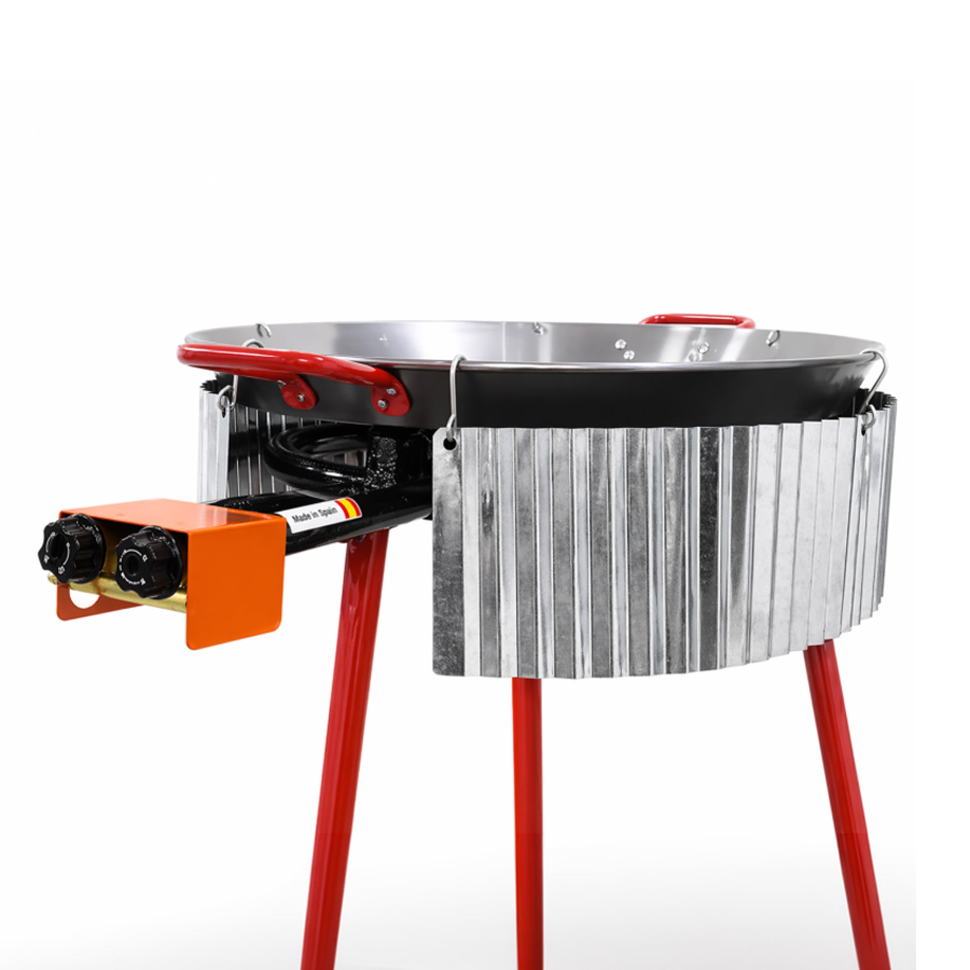 Metal wind shield with vertical fins and red legs, includes black control box
