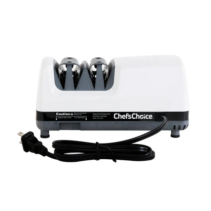 White knife sharpener with power cord and two sharpening slots