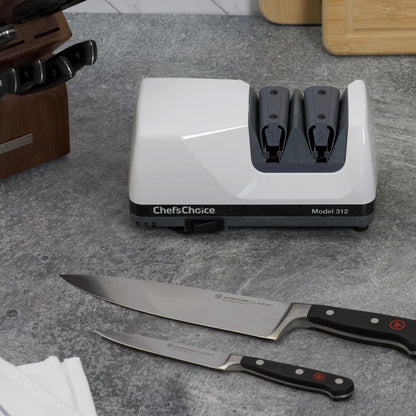 White countertop knife sharpener with two sharpening slots