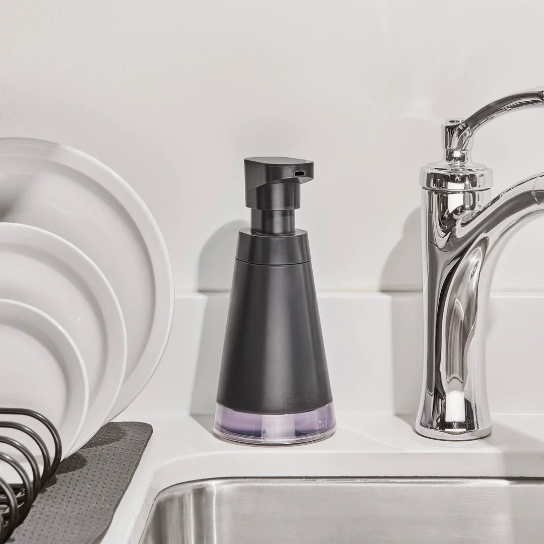 Matte black foam pump dispenser with clear reservoir base and pump nozzle