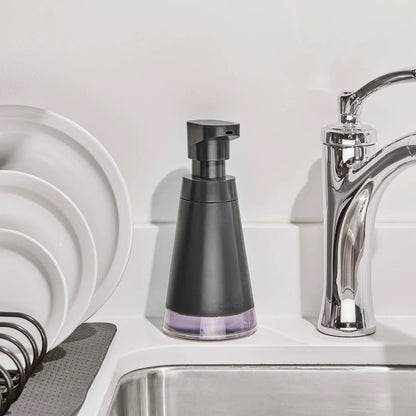 Matte black foam pump dispenser with clear reservoir base and pump nozzle
