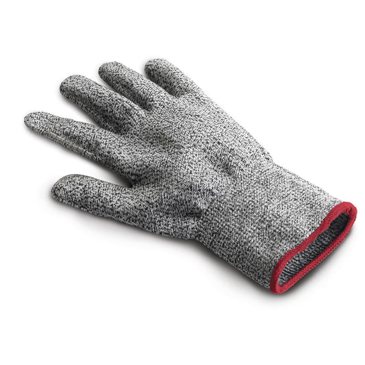 Grey cut-resistant knit glove with red knit cuff and textured palm