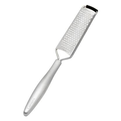 Piccolo mini grater angled view, small grating surface on gray handle