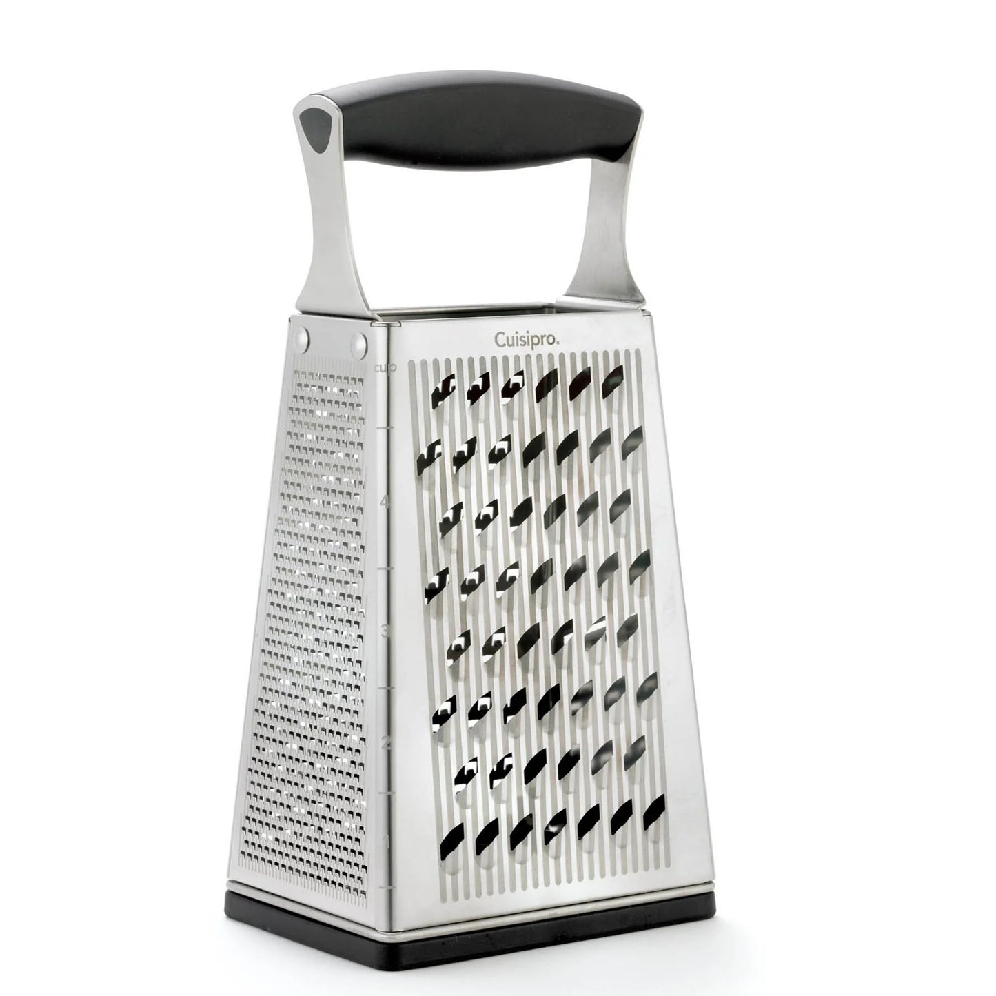 Stainless steel box grater with medium-hole grating face and black base