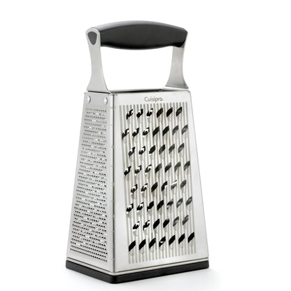 Stainless steel box grater with medium-hole grating face and black base