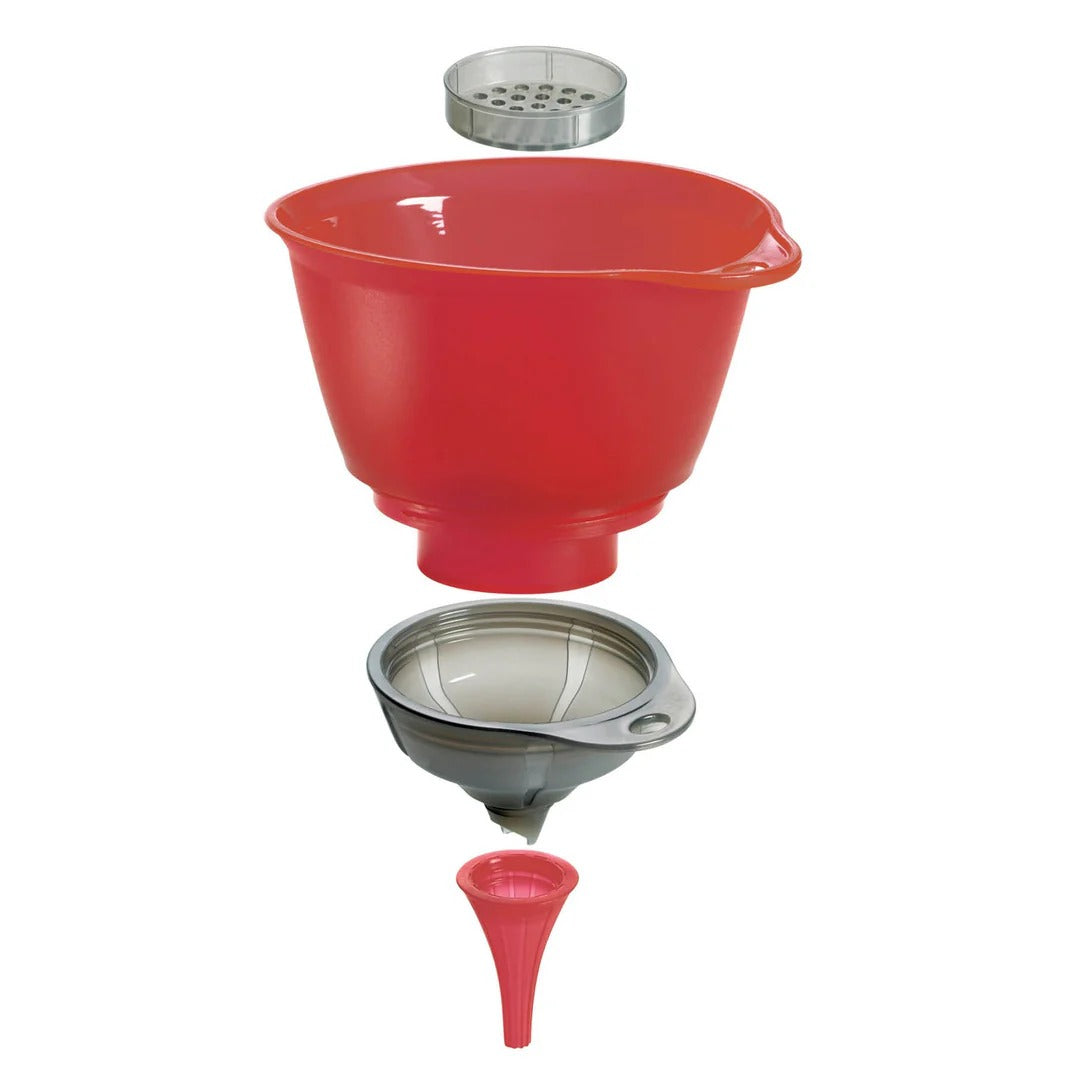 Red funnel top with removable mesh strainer and pouring insert