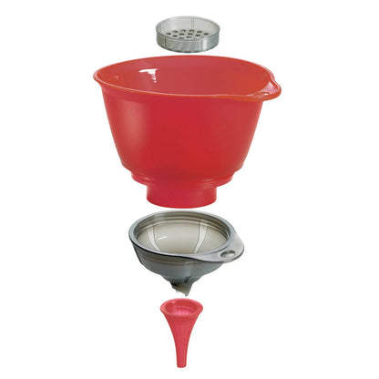 Red funnel top with removable mesh strainer and pouring insert