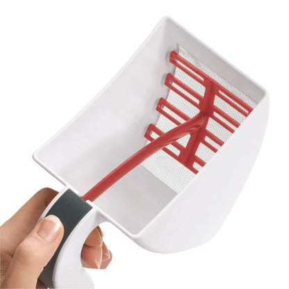 White flour sifter with red handle and mesh insert